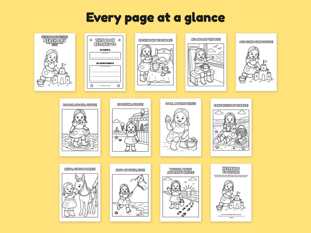 Helpaboo Together: Beach Day – Printable Colouring Book: every page at a glance