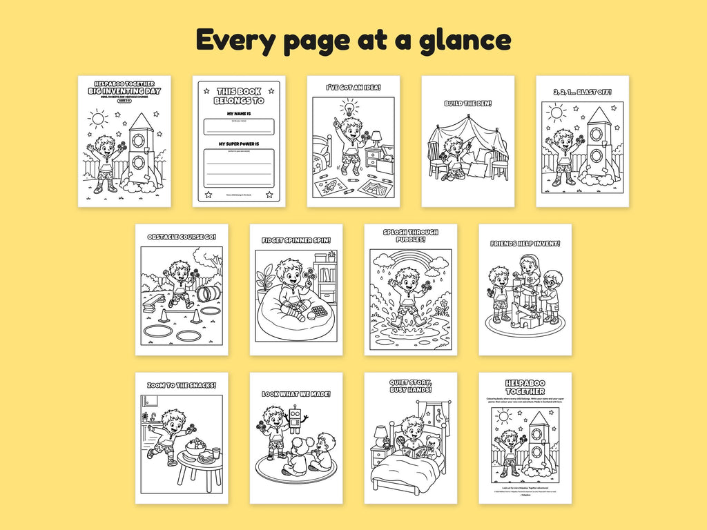Helpaboo Together: Big Inventing Day – Printable Colouring Book: every page at a glance