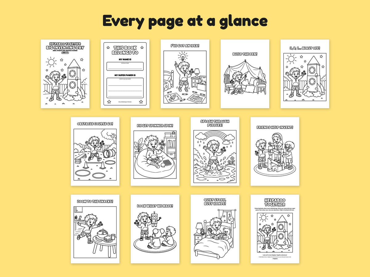 Helpaboo Together: Big Inventing Day – Printable Colouring Book: every page at a glance