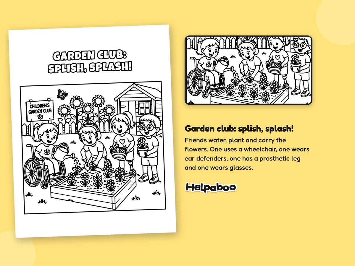 Helpaboo Together: A Colouring Book Where Everyone Belongs: garden club scene close-up