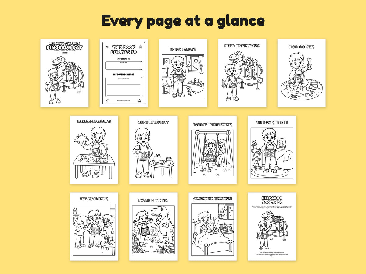 Helpaboo Together: Dinosaur Day – Printable Colouring Book: every page at a glance