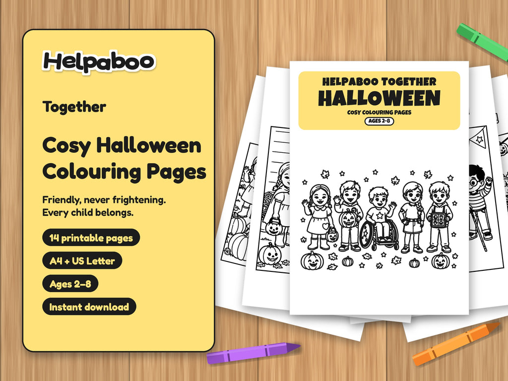 Helpaboo Together Halloween printable colouring pages spread out as loose sheets on a wooden table, with crayons
