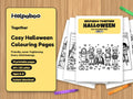 Helpaboo Together Halloween printable colouring pages spread out as loose sheets on a wooden table, with crayons