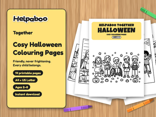 Helpaboo Together Halloween printable colouring pages spread out as loose sheets on a wooden table, with crayons