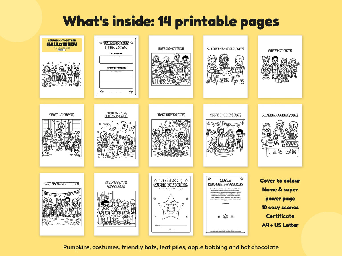 All 14 Halloween colouring pages: cover, name page, 10 scenes, certificate and about page