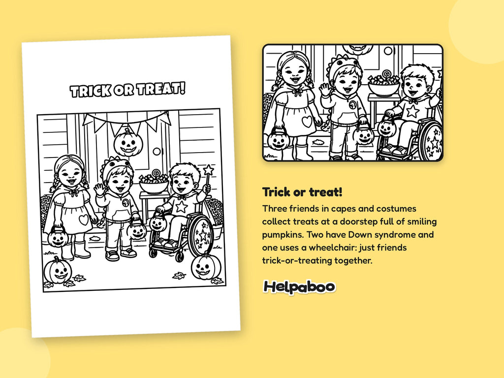 Close-up of the Trick or treat! colouring page, three friends in costumes, one using a wheelchair