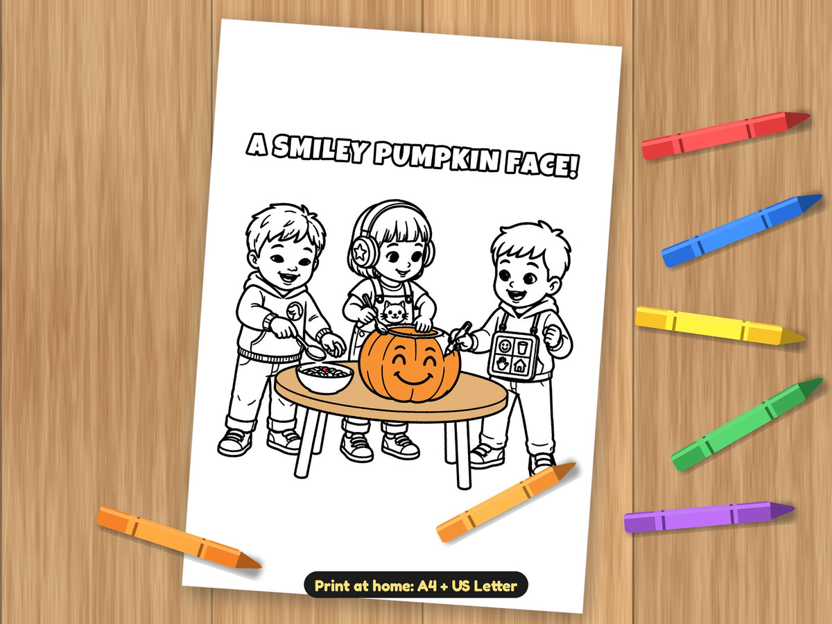 Printed A smiley pumpkin face! page on a table, pumpkin coloured orange, with crayons