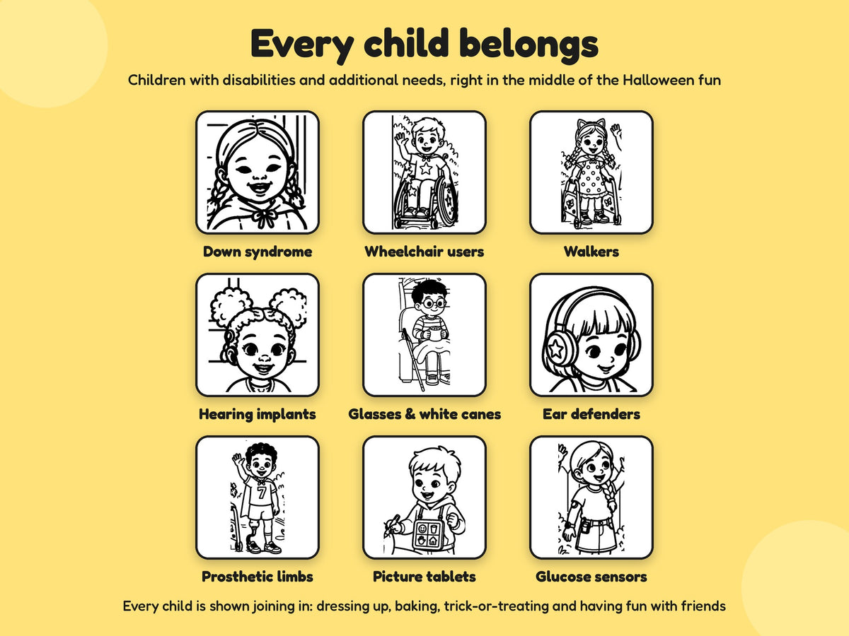 Nine close-ups of children from the pages, including Down syndrome, wheelchair, walker, hearing implant, white cane, ear defenders, prosthetic leg, picture tablet and glucose sensor
