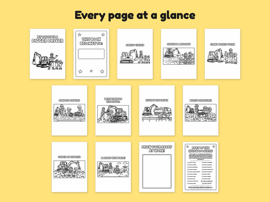 My Daddy is a Digger Driver – Printable Colouring Book: every page at a glance