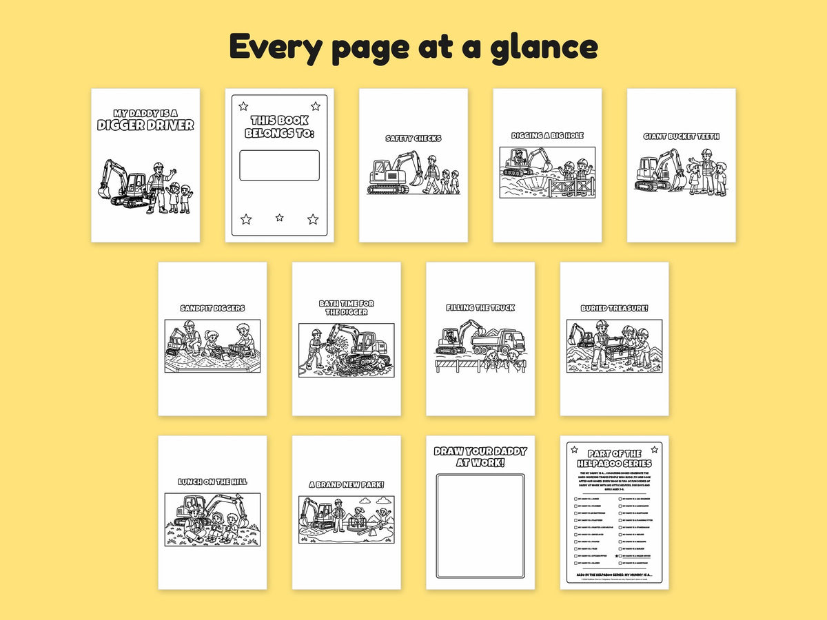 My Daddy is a Digger Driver – Printable Colouring Book: every page at a glance