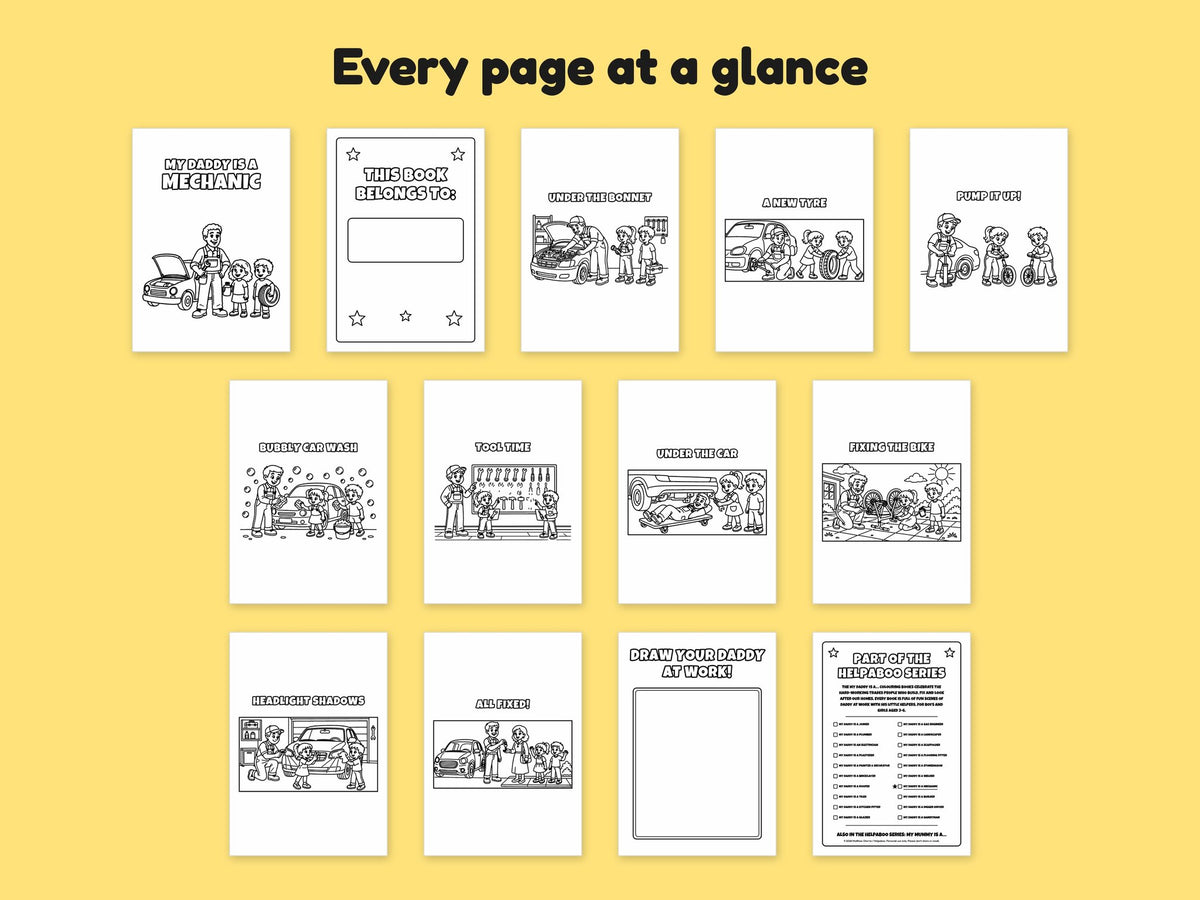 My Daddy is a Mechanic – Printable Colouring Book: every page at a glance