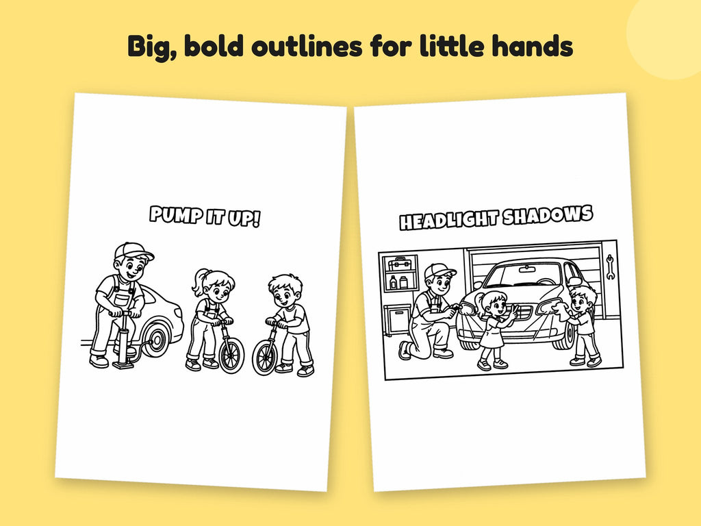 My Daddy is a Mechanic – Printable Colouring Book: close-up of colouring pages
