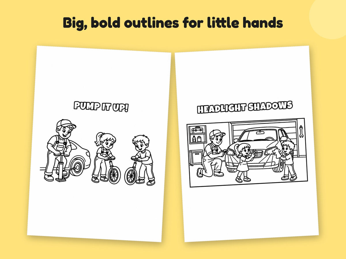 My Daddy is a Mechanic – Printable Colouring Book: close-up of colouring pages