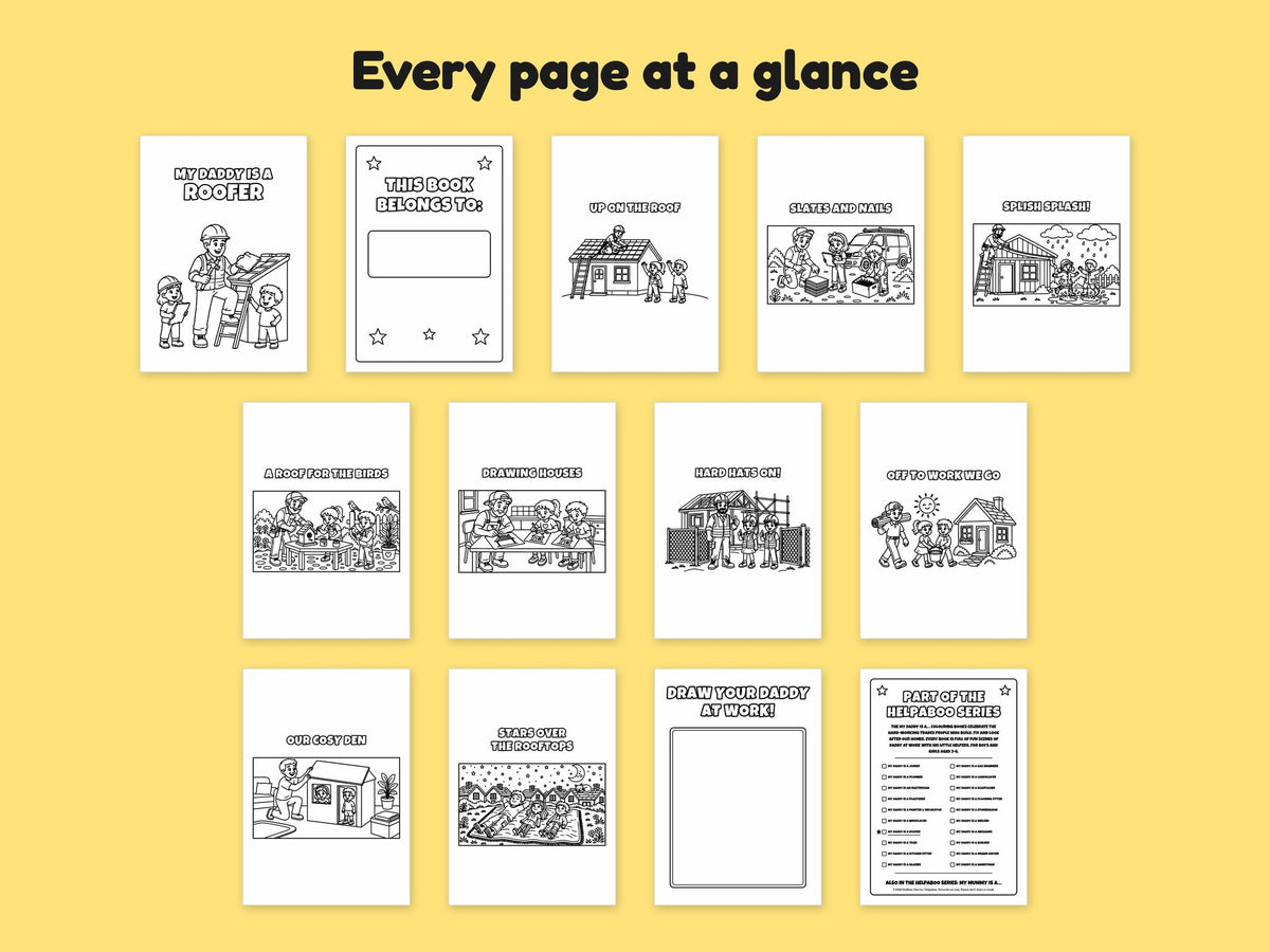 My Daddy is a Roofer – Printable Colouring Book: every page at a glance