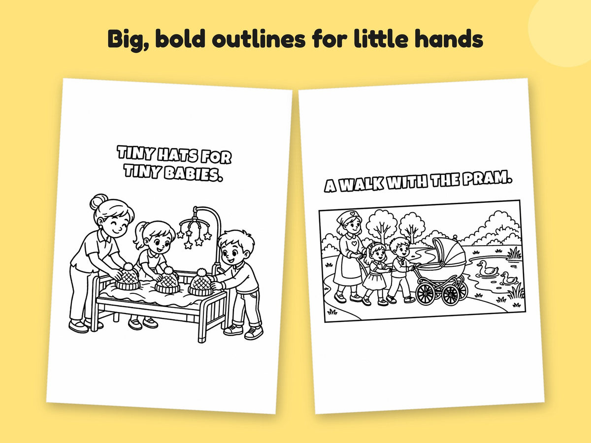 My Mummy is a Midwife – Printable Colouring Book: close-up of colouring pages