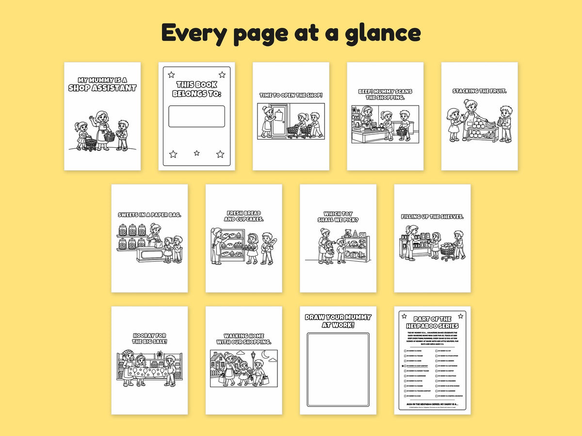 My Mummy is a Shop Assistant – Printable Colouring Book: every page at a glance